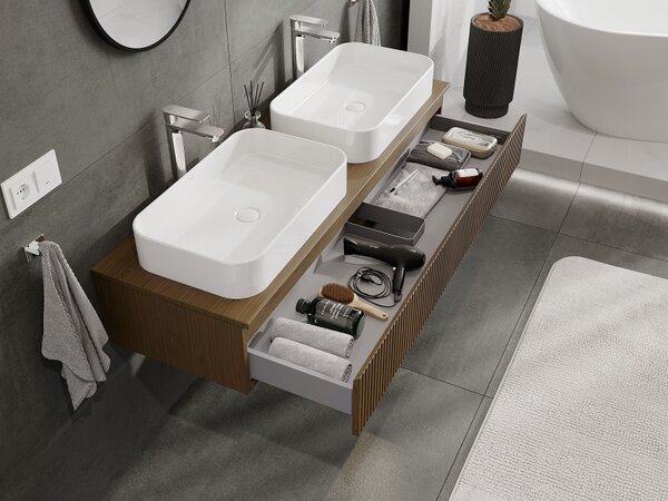 Mexen Rivel, mobilier de baie sub chiuvetă 140 cm cu partea superioară, 1 sertar, canelat, nuc, 91A20-14023-1-BFC86