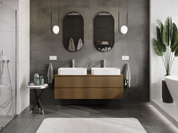 Mexen Rivel, mobilier de baie sub lavoar 140 cm cu blat, 2 sertare, canelat, nuc, 91A20-14047-2-BFFC86