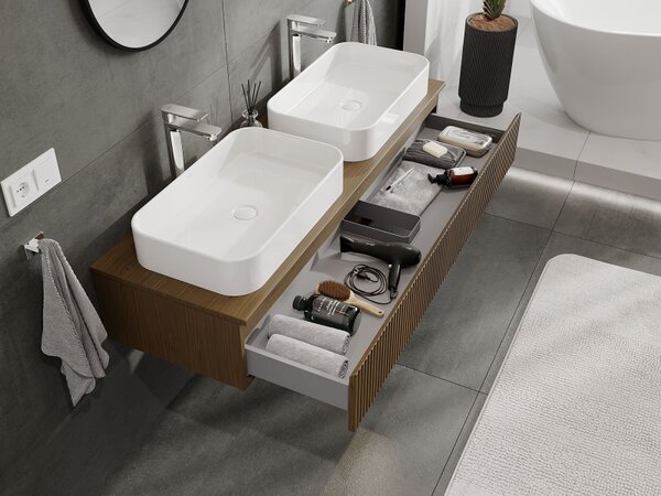 Mexen Rivel, mobilier de baie sub lavoar 140 cm, 1 sertar, canelat, nuc, 91A20-14023-1-BF86