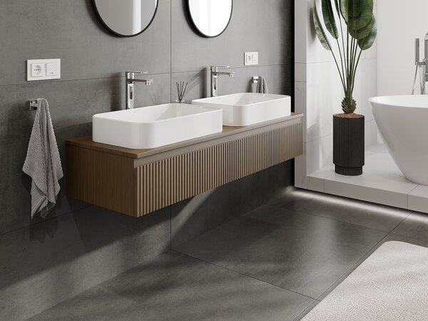 Mexen Rivel, mobilier de baie sub lavoar 140 cm, 1 sertar, canelat, nuc, 91A20-14023-1-BF86