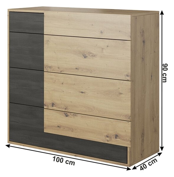 Comoda BAFRA, stejar artisan/pin negru, PAL laminat, 100x40x90 cm