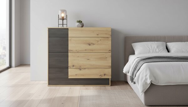 Comoda BAFRA, stejar artisan/pin negru, PAL laminat, 100x40x90 cm