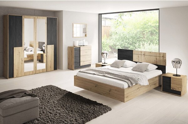 Cadru pat BAFRA 160x200, stejar artisan/pin negru, DTD laminat