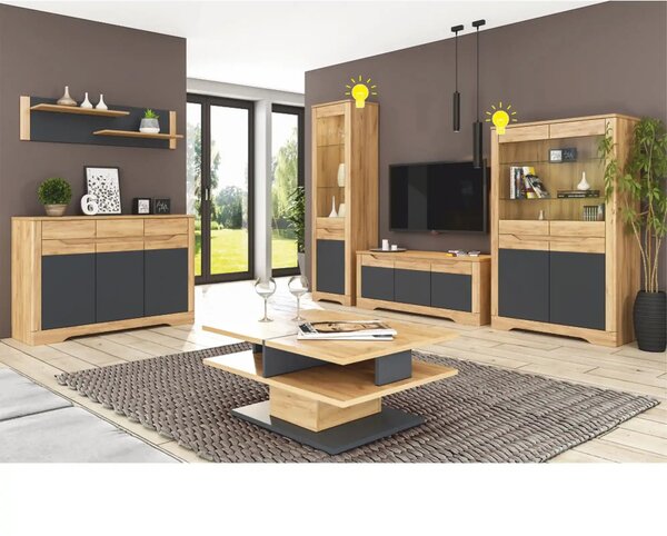 Vitrina FIDEL C, stejar artisan/gri grafit, PAL laminat, 95x42x160 cm