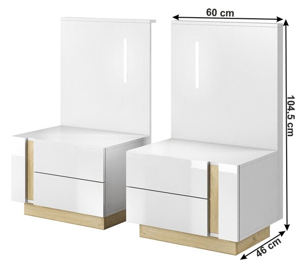 Set 2 noptiere CITY, alb/stejar, PAL laminat, 60x46x105 cm