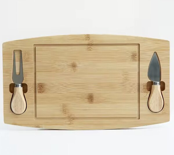 Platou din bambus pentru prezentare si servire branzeturi Pufo Cheese cu 2 accesorii incluse, 33 cm