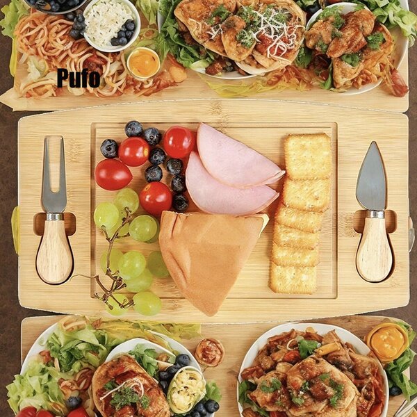 Platou din bambus pentru prezentare si servire branzeturi Pufo Cheese cu 2 accesorii incluse, 33 cm