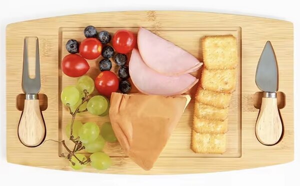 Platou din bambus pentru prezentare si servire branzeturi Pufo Cheese cu 2 accesorii incluse, 33 cm