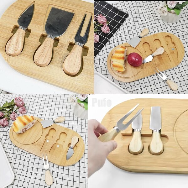 Platou din bambus pentru prezentare si servire branzeturi Pufo Cheese cu 3 accesorii incluse, 36 cm