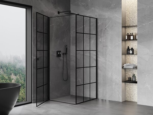 Cabină de duș cu balamale Mexen Mist-B, cu 1 aripă, stânga, 70 x 70 cm, sticlă transparentă - grilă neagră, 8A2T-070-070-70-77-L