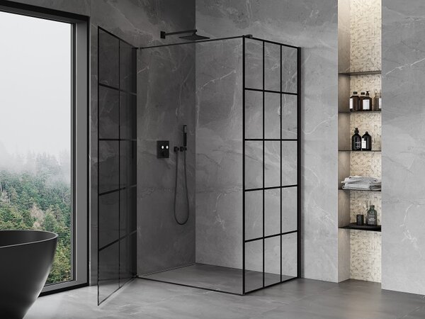 Cabină de duș cu balamale Mexen Mist-B, cu 1 aripă, stânga, 70 x 75 cm, sticlă transparentă - grilă neagră, 8A2T-070-075-70-77-L