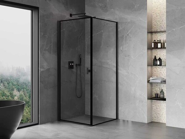 Cabină de duș cu balamale Mexen Mist-B, cu 1 aripă, stânga, 70 x 70 cm, sticlă transparentă - ramă neagră, 8A2T-070-070-70-70-L