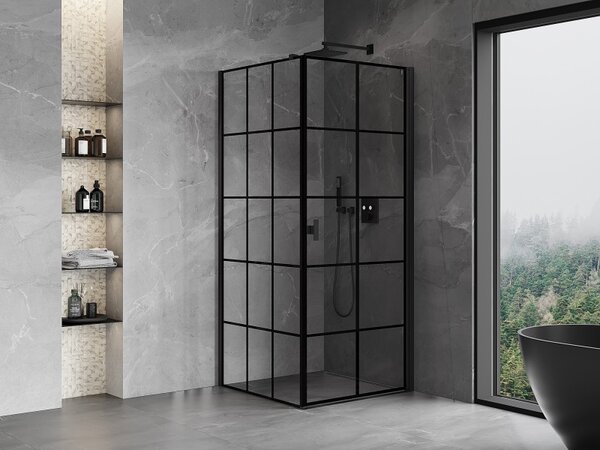 Cabină de duș cu balamale Mexen Mist-B, cu 1 aripă, dreapta, 70 x 70 cm, sticlă transparentă - grilă neagră, 8A2T-070-070-70-77-P