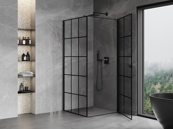 Cabină de duș cu balamale Mexen Mist-B, cu 1 aripă, dreapta, 70 x 70 cm, sticlă transparentă - grilă neagră, 8A2T-070-070-70-77-P