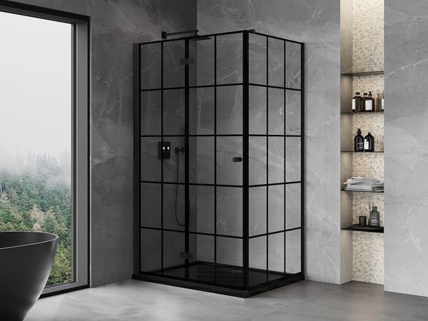Cabină de duș pliabilă Mexen Mist-F T cu 1 aripă, stânga 75 x 70 cm, sticlă transparentă - grilă neagră, 8A6T-075-070-70-77-L