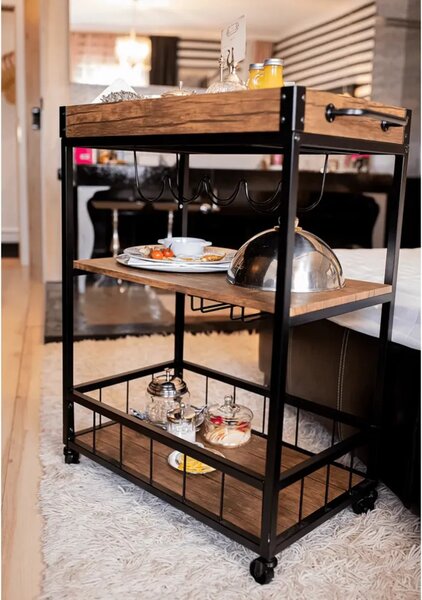 Carucior servire SILVIUS, nuc/negru, PAL/metal, 80x40x90 cm