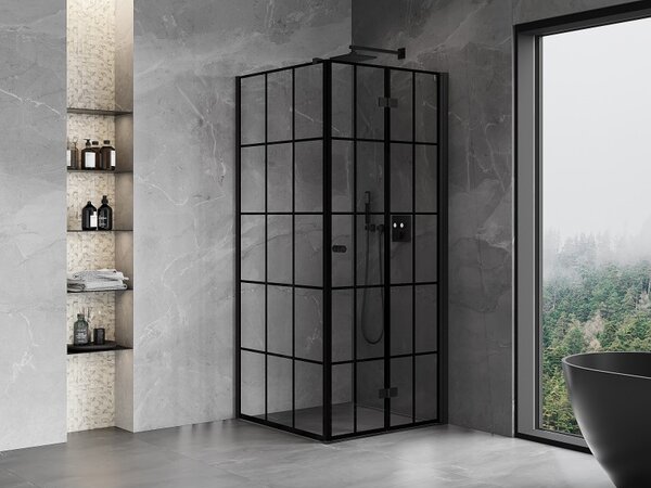 Cabină de duș pliabilă Mexen Mist-F T cu 1 aripă, dreapta, 70 x 70 cm, sticlă transparentă - grilă neagră, 8A6T-070-070-70-77-P