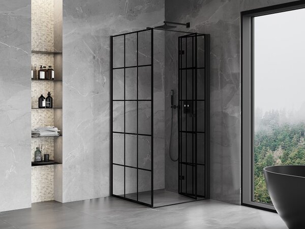 Cabină de duș pliabilă Mexen Mist-F T cu 1 aripă, dreapta, 70 x 70 cm, sticlă transparentă - grilă neagră, 8A6T-070-070-70-77-P