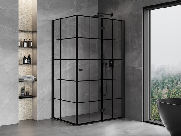 Cabină de duș pliabilă Mexen Mist-F T cu 1 aripă, dreapta, 75 x 70 cm, sticlă transparentă - grilă neagră, 8A6T-075-070-70-77-P