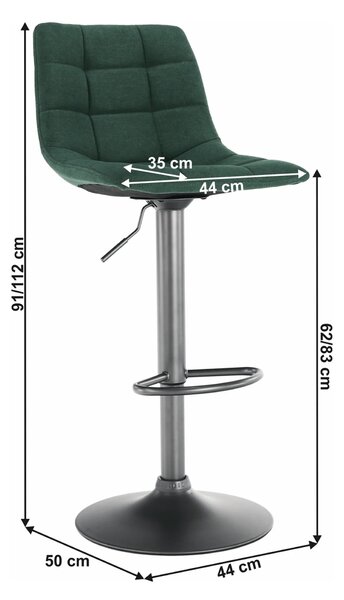 Scaun bar LAHELA, verde/negru, stofa clasica/metal, 44x50x91/112 cm