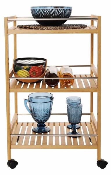 Carucior servire NASHY, stejar/negru, lemn de bambus/otel, 47x38x76 cm