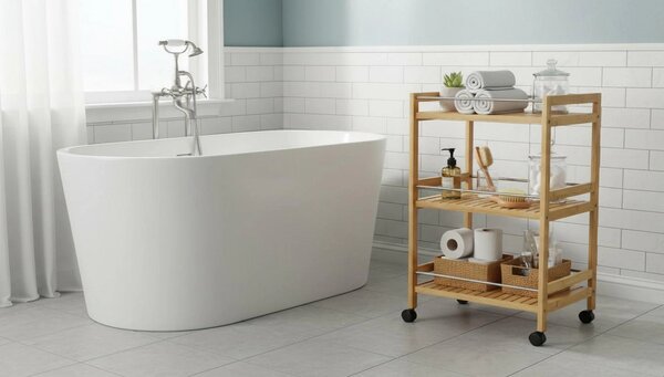 Carucior servire NASHY, stejar/negru, lemn de bambus/otel, 47x38x76 cm