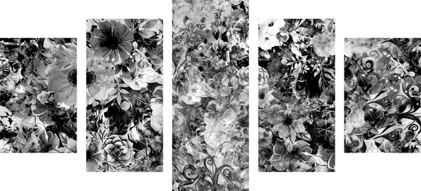 Tablou 5-piese flori în design alb-negru