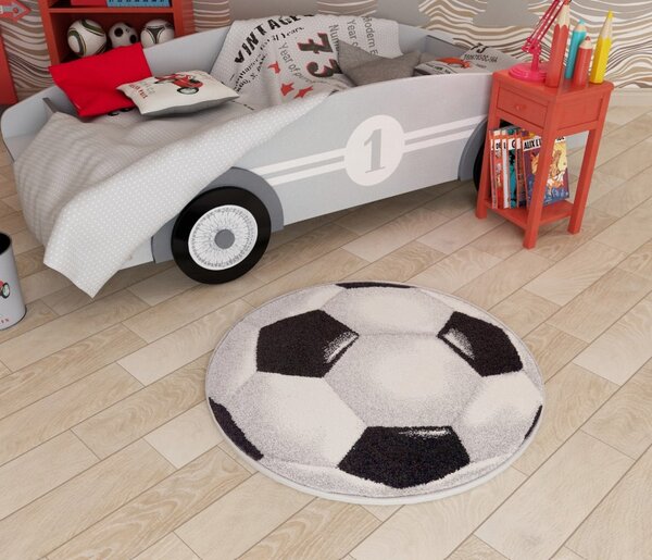 Model 11198 190, Minge Fotbal, Covoras Copii Rotund, Alb-Negru Alb, Rotund, 67x67
