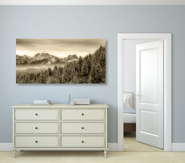Tablou munții înghețați în design sepia