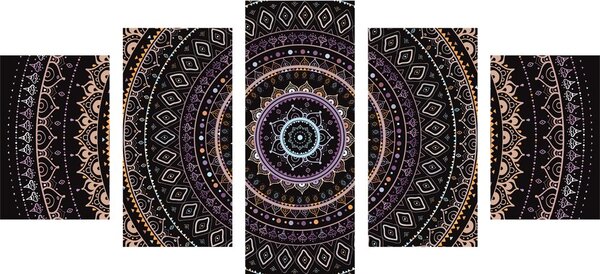Tablou 5-piese Mandala cu modelul de soare în nuanțe de violet