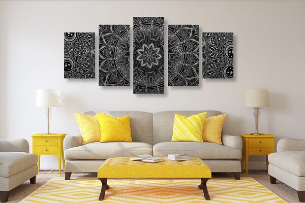 Tablou 5-piese Mandala orientală în design alb-negru