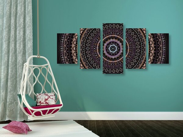 Tablou 5-piese Mandala cu modelul de soare în nuanțe de violet
