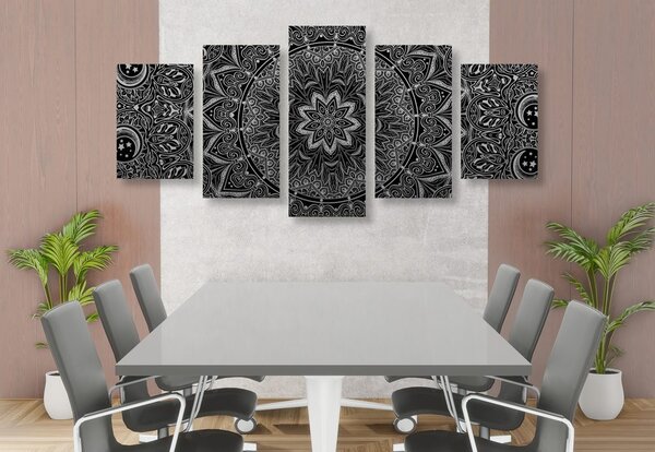 Tablou 5-piese Mandala orientală în design alb-negru