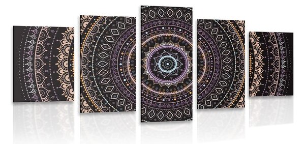 Tablou 5-piese Mandala cu modelul de soare în nuanțe de violet