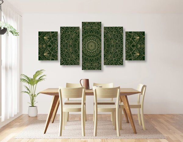 Tablou 5-piese Mandala ornamentată detaliată în colarea verde