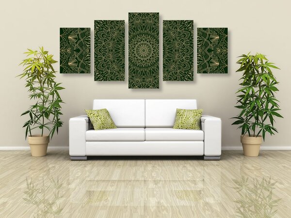 Tablou 5-piese Mandala ornamentată detaliată în colarea verde