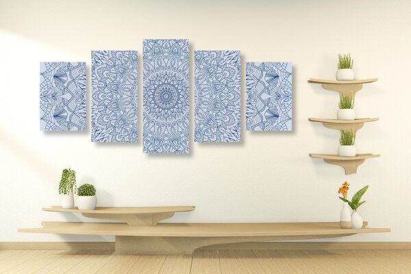 Tablou 5-piese Mandala decorativă detaliată în culoarea albastră