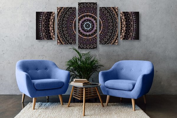 Tablou 5-piese Mandala cu modelul de soare în nuanțe de violet
