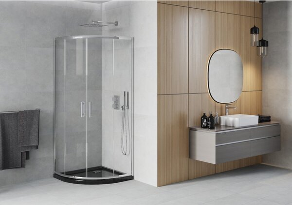 Mexen Rio, cabină de duș rotundă 80 x 80 cm, sticlă transparentă de 6 mm, profil cromat + cădiță de duș neagră, 863-080-080-01-00-4170