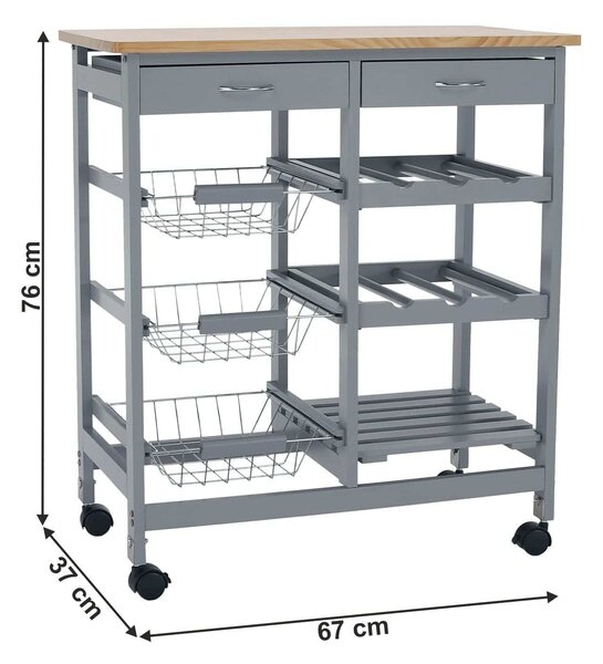 Carucior servire BARABE, gri/stejar, 67x37x76 cm