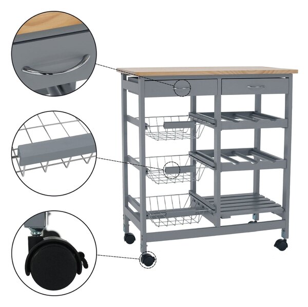 Carucior servire BARABE, gri/stejar, 67x37x76 cm