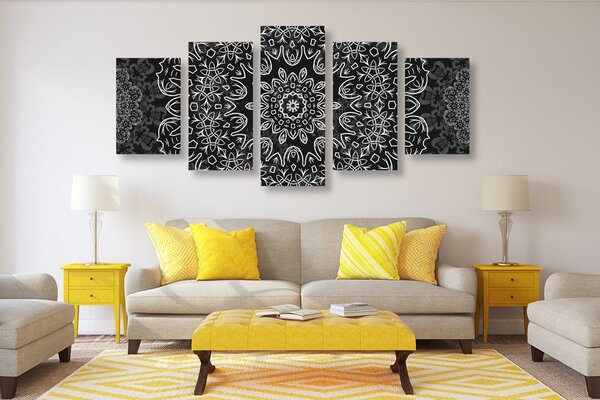 Tablou 5-piese Mandala cu un model abstract în design alb-negru