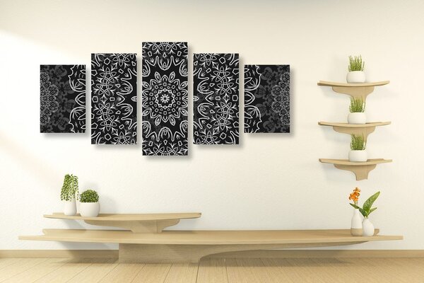 Tablou 5-piese Mandala cu un model abstract în design alb-negru