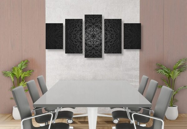 Tablou 5-piese Mandala ornamentală în design alb-negru