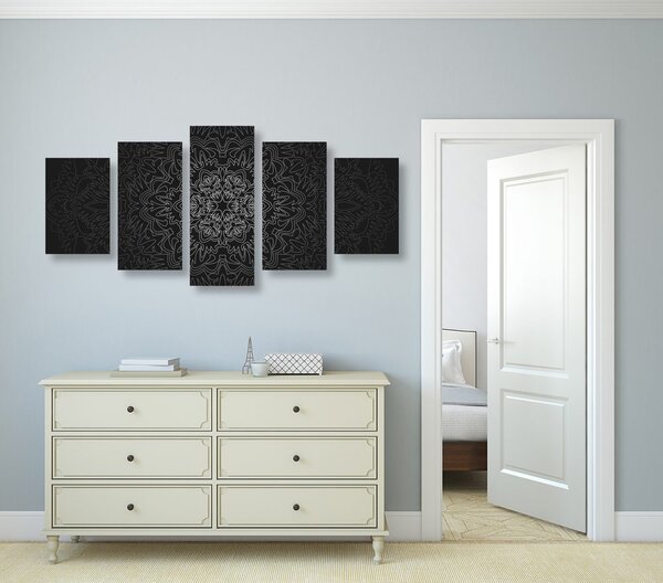 Tablou 5-piese Mandala ornamentală în design alb-negru