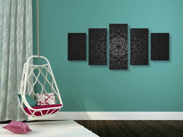 Tablou 5-piese Mandala ornamentală în design alb-negru