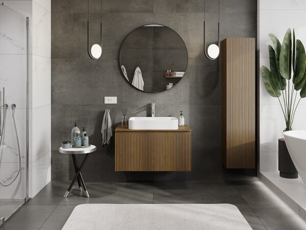 Mexen Rivel, mobilier baie 90 cm cu blat, 1 sertar, canelat, nuc, 91A20-09047-1-BFC86