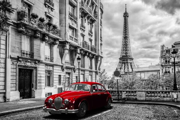 Tablou mașina roșie retro în Paris