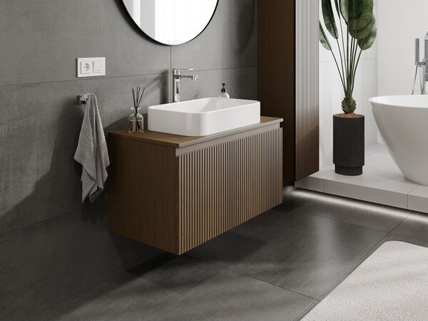 Mexen Rivel, mobilier baie 90 cm cu blat, 1 sertar, canelat, nuc, 91A20-09047-1-BFC86