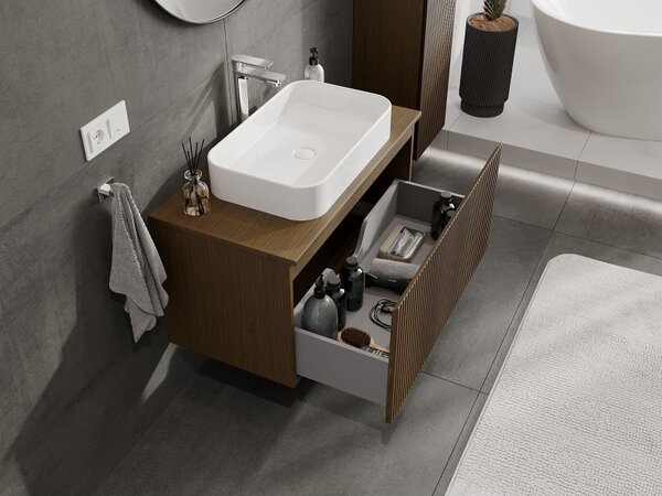 Mexen Rivel, mobilier baie 90 cm cu blat, 1 sertar, canelat, nuc, 91A20-09047-1-BFC86